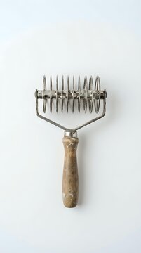Vintage garden rake with wooden handle and metal tines on white