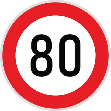 Maximum speed limit 80 traffic road sign icon vector. Driving regulation limit and safety control warning symbol. Highway speed restriction sign board for safe transport driving.