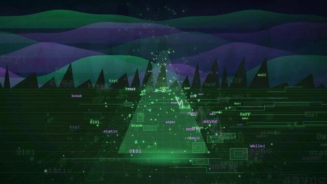 Abstract digital Christmas tree formed by green computer code and binary data on dark background
