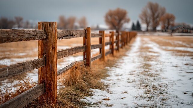 A rustic wooden fence stretches along a path covered in early winter snow, with barren trees in the background
