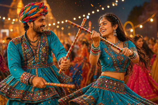 Indian couple performing Garba with dandiya sticks during a colorful Navratri celebration