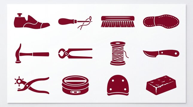 Cobbler tools flat icon set, including shoe last, hammer, awl, brush, and sole, in a dark red silhouette style on a light gray background, for shoemaking and repair concepts