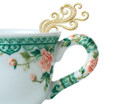 Elegant porcelain teacup with ornate gold handle and floral rose
