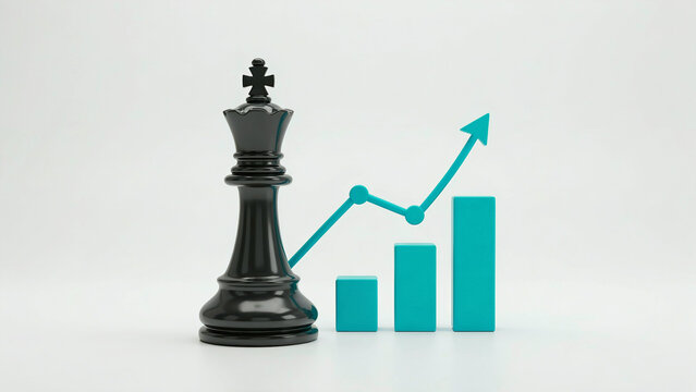 Black chess king piece positioned next to upward trending growth bar chart and line graph