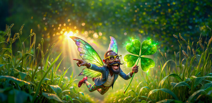 happy man with fairy wings  is flying through tall green grass. he holds a large, oversized four-leaf clover 