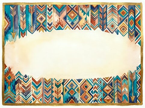 Vintage tribal geometric border frame with native patterns in teal