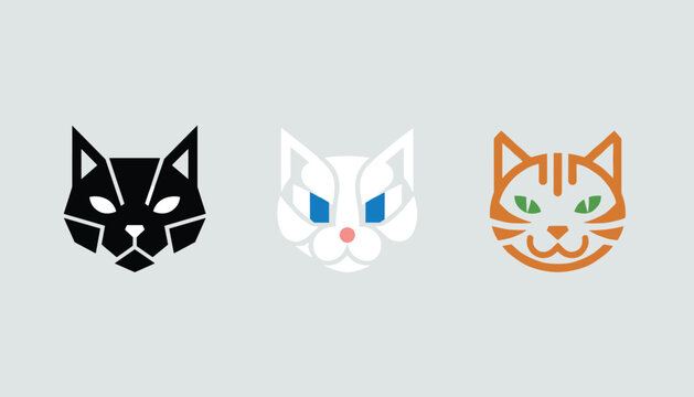 Set of three stylized cat heads featuring a geometric black cat, a minimalist white cat, and an orange striped tabby cat head icon.