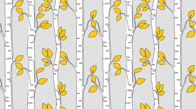 Minimalist birch tree line art seamless pattern background with yellow leaves