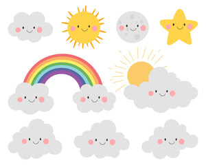 Fototapeta premium Cute weather icons with smiling faces including sun moon clouds rainbow and stars on white background