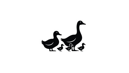 Fototapeta premium Silhouette illustration of a duck family including a mother and ducklings for nature, farm, and animal-themed graphic design projects.