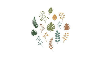 Obraz premium Collection of various hand-drawn forest leaves, twigs, and berries for autumn and nature-themed decorative design projects and art.