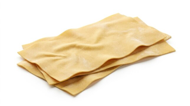 Fresh uncooked lasagna noodles stacked on white background for food packaging and recipe design