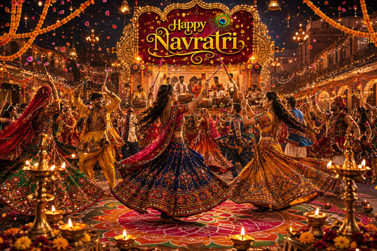 Navratri Garba dance celebration with women in traditional attire, festive lights and decorative lamps