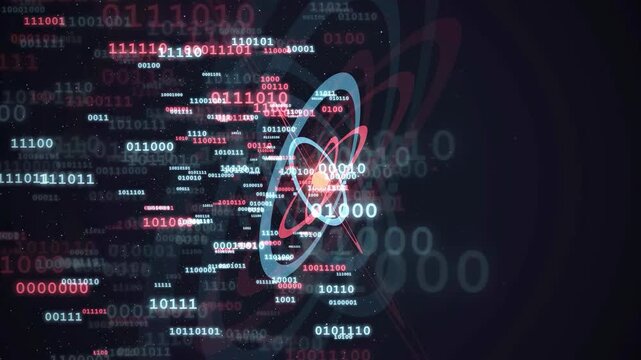 Abstract digital data stream with rotating binary code circles and futuristic HUD interface elements