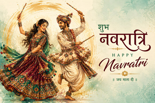 Happy Navratri greeting with traditional Dandiya dance couple and festive cultural celebration
