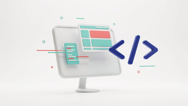 Modern computer screen displaying code and web design layout with programming angle brackets symbol