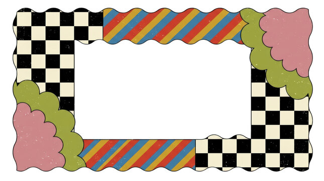 Retro frame with checkerboard, stripes, and wavy cloud patterns isolated on transparent background