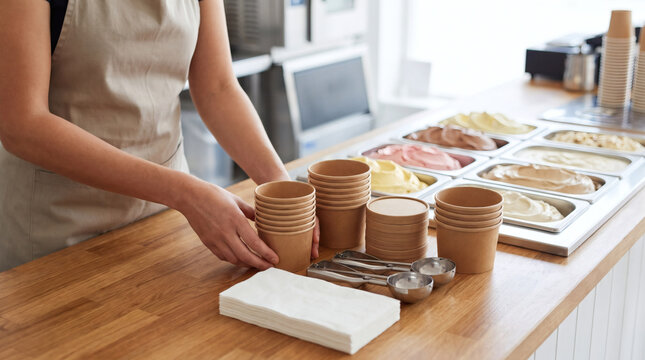 Female worker in apron arranging disposable paper cups and scoops on wooden counter next to colorful gelato ice cream display in parlor shop