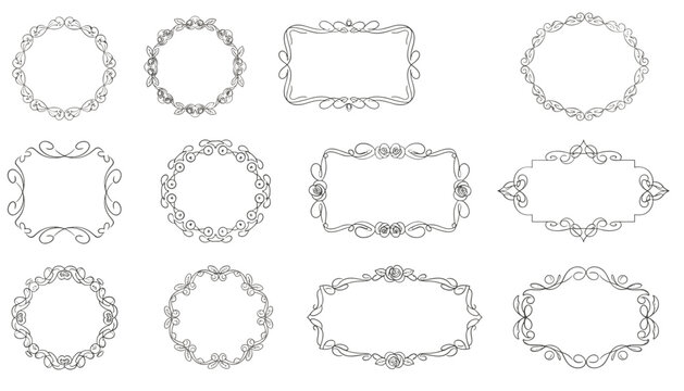 Collection of twelve ornate circular and rectangular frames with floral and swirl details in black for elegant wedding stationery.