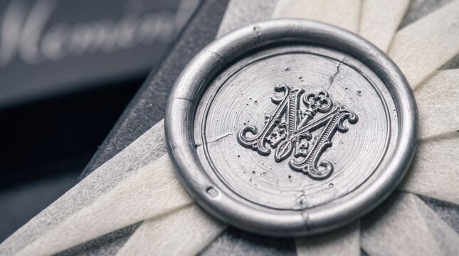 Macro close up of a silver wax seal with monogram M and key motif on a wrapped gift box generated with ai