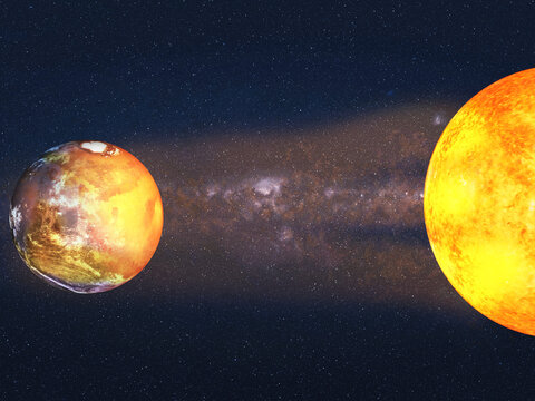 Mars losing its atmosphere and green landscape due to solar radiation. Element of this 3D rendered illustration were furnished by NASA