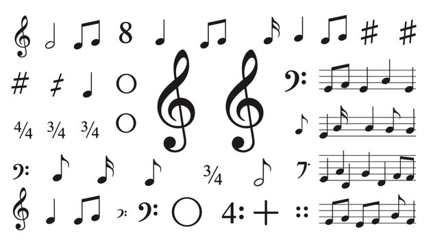 Comprehensive collection of various musical notation symbols and staff fragments isolated on a simple white background surface.
