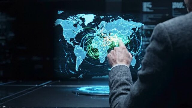Businessman interacting with a futuristic holographic world map for global data analysis and international connectivity