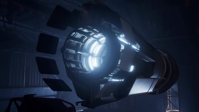 Futuristic Nuclear-Powered Rocket Engine Glowing Intensely, Showcasing a Dynamic, Looping Animation with Subtle Camera Movement.