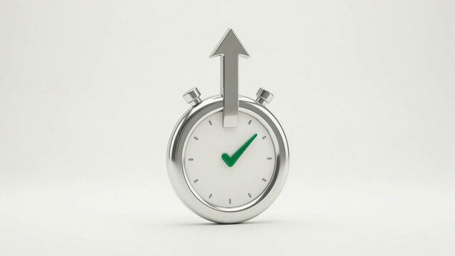 Modern stopwatch with upward arrow and green checkmark symbolizing success and timely completion