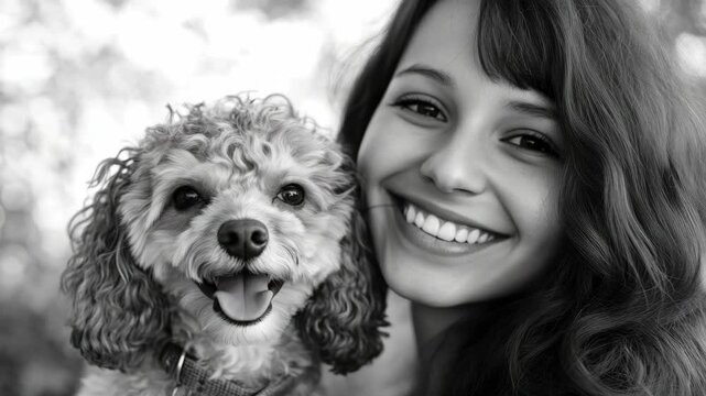 Smiling woman and happy fluffy poodle in black and white