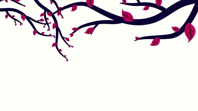 Tree branches with pink leaves growing top frame on transparent background. Floral border overlay element animation.