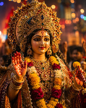 Goddess Durga idol adorned with flowers and jewelry during a vibrant Durga Puja celebration