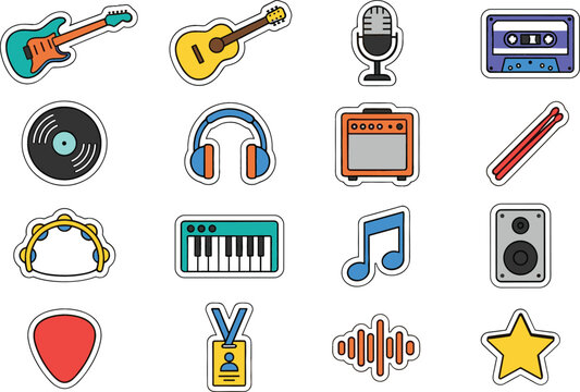 Modern flat line musical audio equipment sticker icons set with guitars headphones keyboard cassette speaker and sound graphic elements