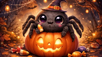 Naklejka premium Cute Halloween spider pumpkin
