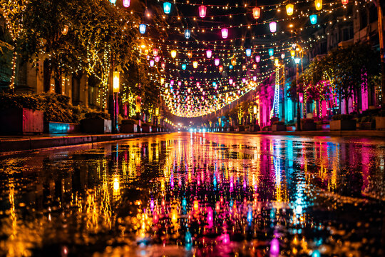 Colorful festive lights illuminating a vibrant outdoor celebration with reflections on water at night