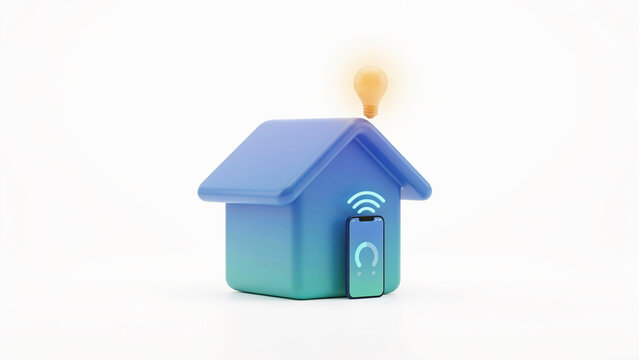 Smart home device illustration showing wireless connection and energy saving light bulb on house model