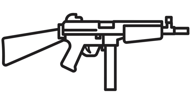 Submachine Gun Line Drawing Black Outline On White Background automatic