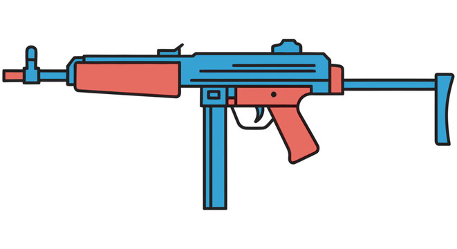 Submachine Gun Illustration Blue And Red Vector Graphic On White Background