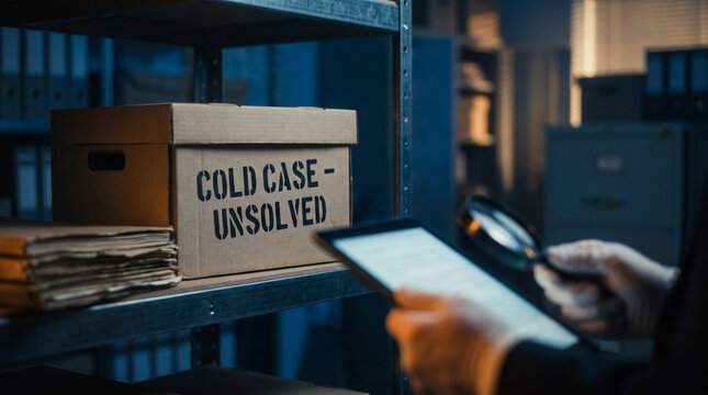 Beige evidence box labeled COLD CASE UNSOLVED on metal shelf in crime archive as gloved detective examine files with tablet