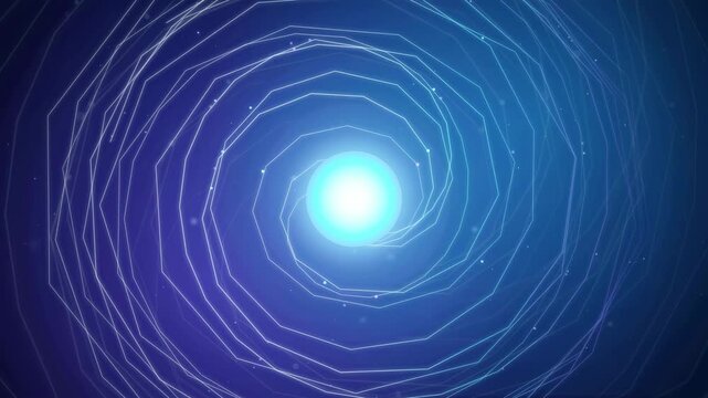 Abstract blue digital spiral vortex with glowing light center and flowing geometric lines