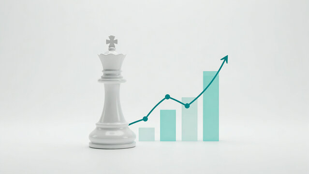 White chess king piece next to upward trending growth bar chart and line graph illustration