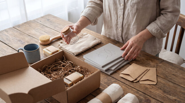 Small business owner packing eco friendly subscription gift box with artisan soap notebook and cosmetic jar for online order fulfillment