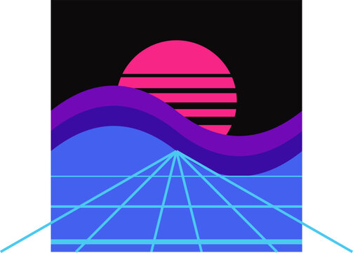 A minimalist synthwave retro landscape featuring a pink sunset over blue waves and perspective grid.