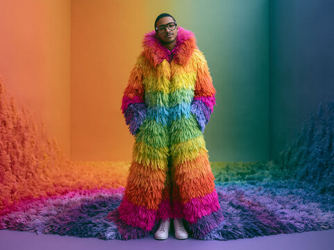 Fashionable Man Wearing Extravagant Rainbow Fur Coat