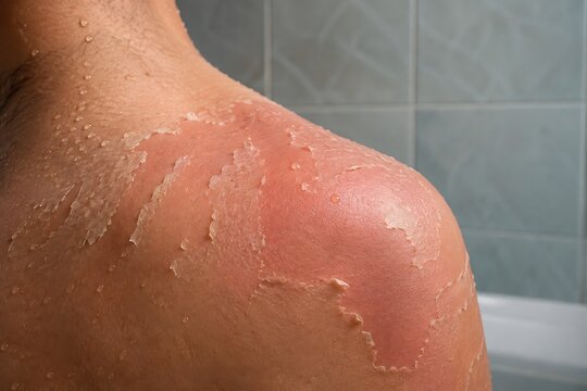Sunburned shoulder with peeling skin during daylight in a bathroom setting