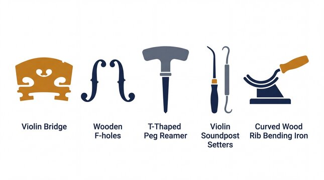 Violin making tools and accessories, a collection of musical instrument crafting equipment, including a violin bridge, wooden F-holes, T-shaped peg reamer, violin soundpost setters