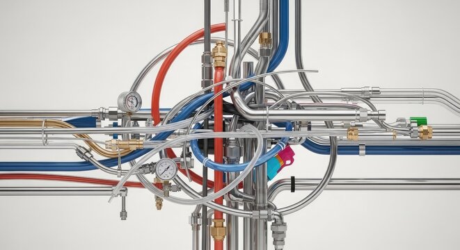 Complex industrial pipe system with valves on white background.