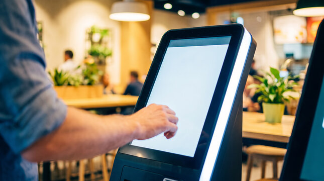 Customer using touchscreen self service kiosk to order food inside modern fast food restaurant with contactless digital menu selection