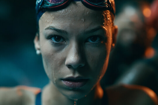 Focused Female Swimmer with Goggles Looking at Camera
