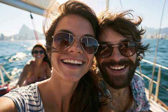Smiling Couple Taking Selfie on Sailboat During Summer Vacation